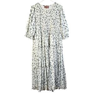 Jessakae Tiered Maxi Dress Women's 3XL Blue White Floral Smocked Cottagecore
